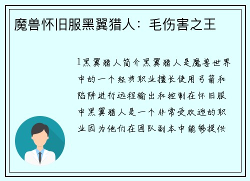 魔兽怀旧服黑翼猎人：毛伤害之王